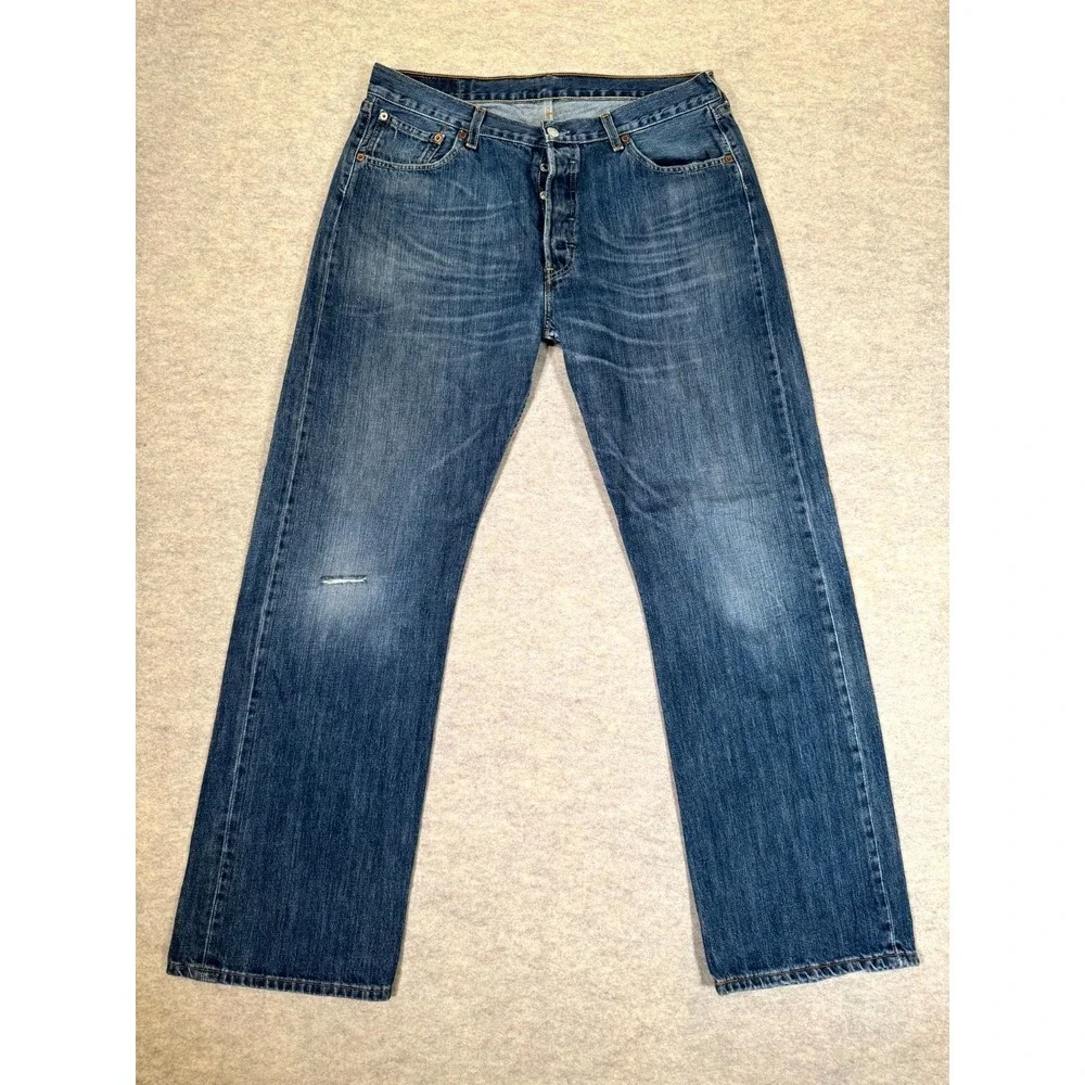 Levis 501‎ Straight Fit Jeans Mens 36x32 Blue Whiskering Denim Cotton Button Fly